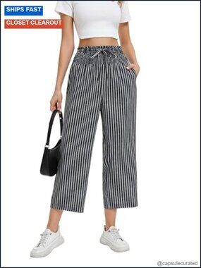 Wide Leg Palazzo Pants Smocked High Waisted Flowy Crop Beach Pants with Pockets